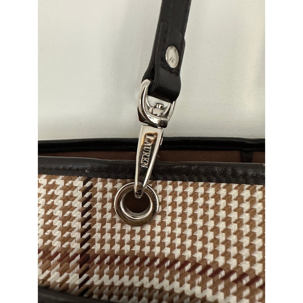 Lauren Ralph Lauren Brown Houndstooth Plaid Tote Bag Leather Trim Shoulder Bag - Picture 4 of 15